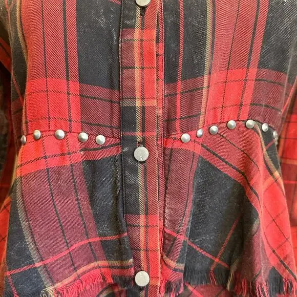 Zara Studded Distressed Circus Red Black Tartan Plaid Shirt Punk sz S NWT - Picture 9 of 13